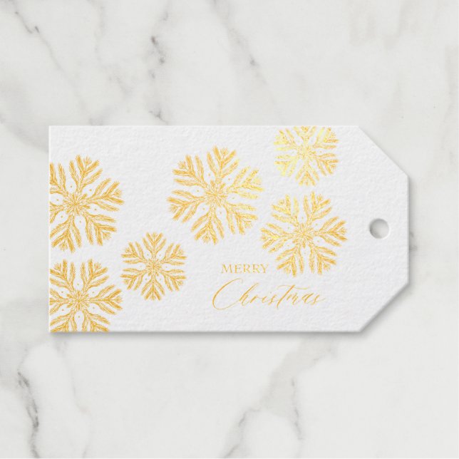 Golden Snow Flakes Frohe Weihnachten Geschenkanhänger (Vorderseite (Horizontal))