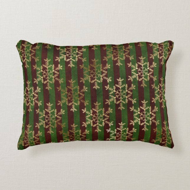 Golden Snowflake Red Green Strip Weihnachten Dekokissen (Vorderseite)