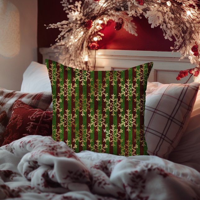Golden Snowflake Red Green Strip Weihnachten Kissen (Golden Snowflake Red Green Stripe Christmas Throw Pillow)