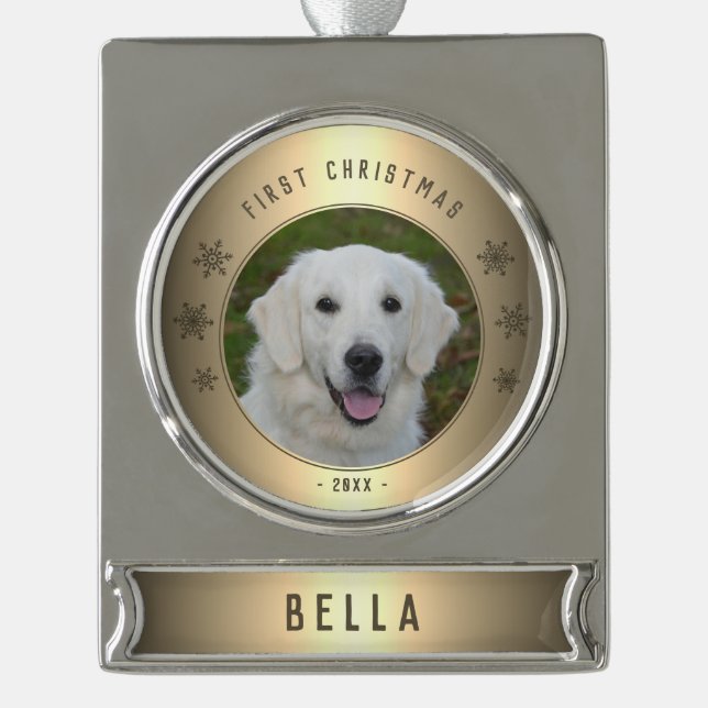 Golden Snowflake Welpe Foto Cermant Banner-Ornament Silber (Vorderseite)