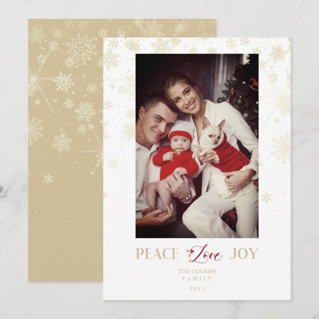 Golden Snowflakes & Holly Custom Foto Feiertagskarte (Vorne/Hinten)