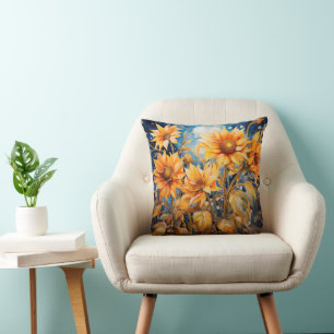 Golden Sonnenblumen Blühen Wasserfarbe Kissen