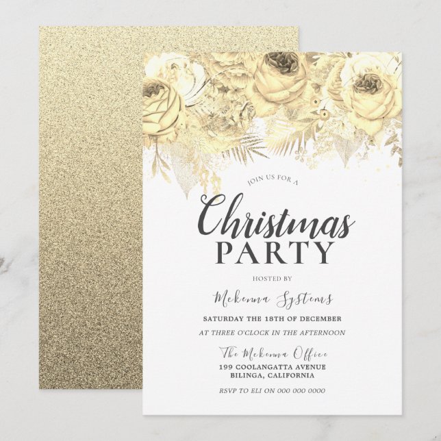 Golden Sparkle Blume Weihnachtsfest im Unternehmen Einladung (Vorne/Hinten)
