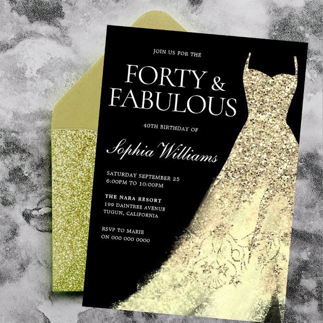 Golden Sparkle Dress Black 40. Geburtstag Party Einladung (Von Creator hochgeladen)