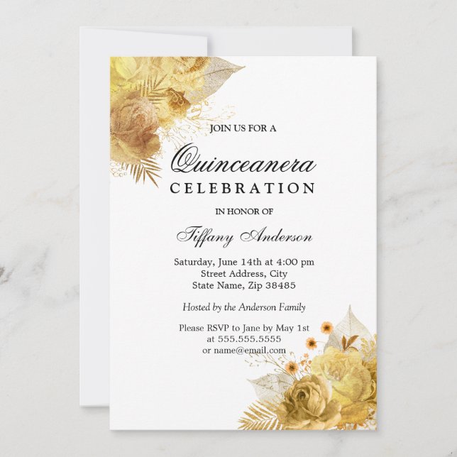 Golden Sparkle Flowers Quinceanera Invitation du P (Devant)