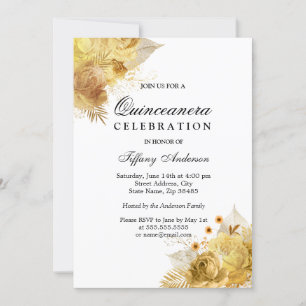 Golden Sparkle Flowers Quinceanera Invitation du P