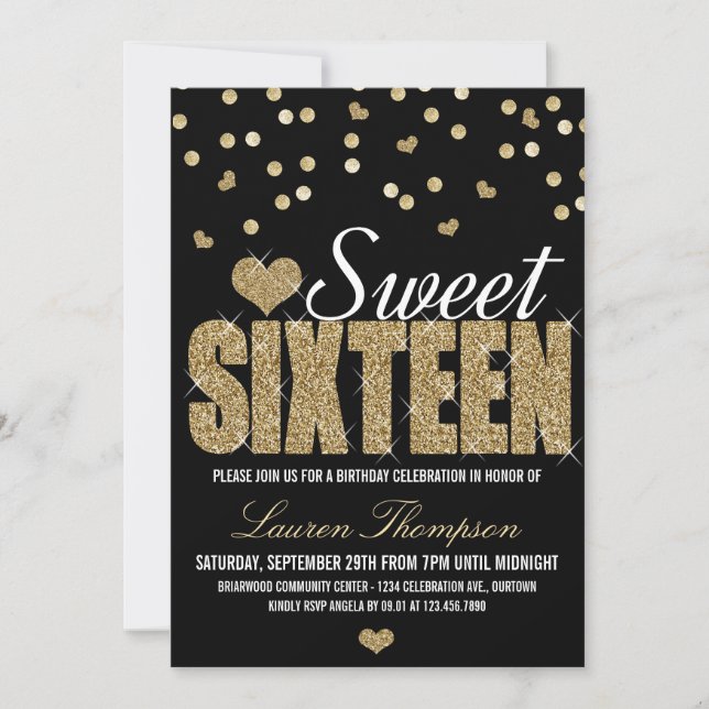 Golden Sparkle Sweet 16 Invitations de fête (Devant)