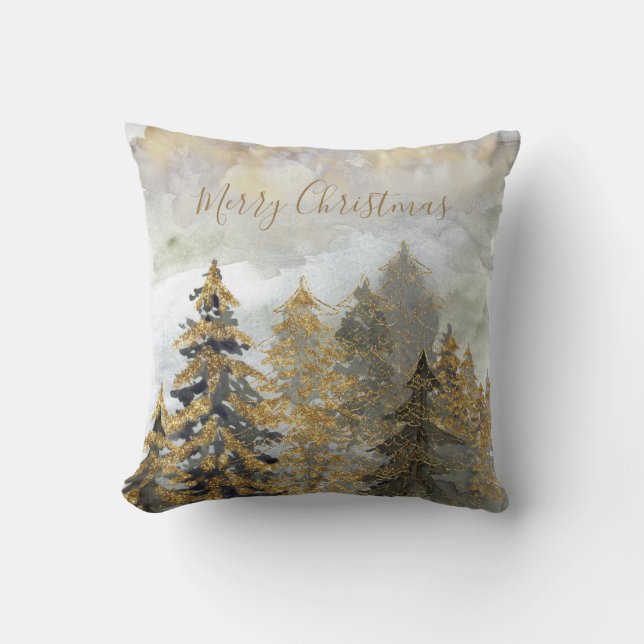Golden Sparkling Green Christmas Trees Kissen (Vorderseite)