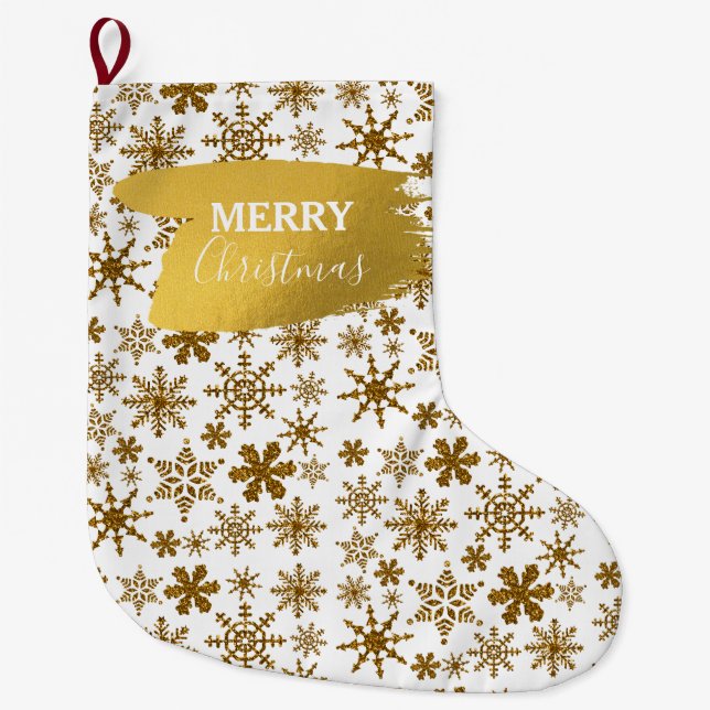 Golden Sparkling Snowflakes Frohe Weihnachten Großer Weihnachtsstrumpf (Vorderseite)