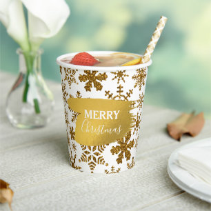 Golden Sparkling Snowflakes Frohe Weihnachten Pappbecher