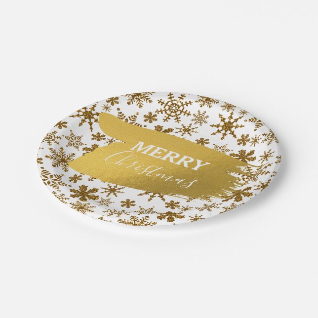 Golden Sparkling Snowflakes Frohe Weihnachten Pappteller (Schrägansicht)