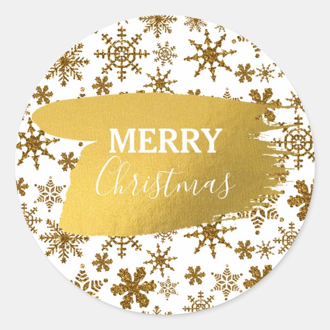 Golden Sparkling Snowflakes Frohe Weihnachten Runder Aufkleber (Vorderseite)