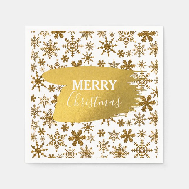 Golden Sparkling Snowflakes Frohe Weihnachten Serviette (Vorderseite)
