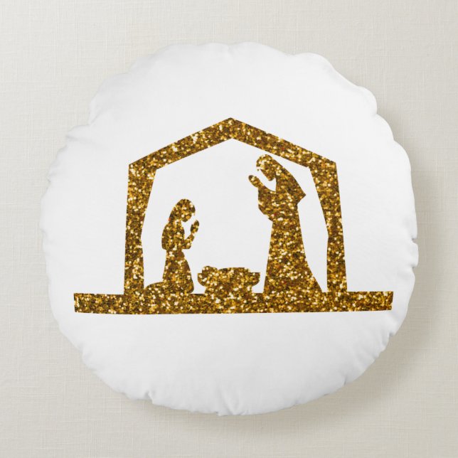 Golden Sparkling Weihnachtskrippen Rundes Kissen (Vorderseite)