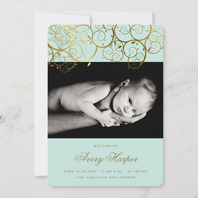 Golden Spirals Baby Boy Foto Geburtserklärung Ankündigung (Vorderseite)