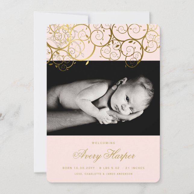 Golden Spirals Baby Girl Foto Geburtserklärung Ankündigung (Vorderseite)