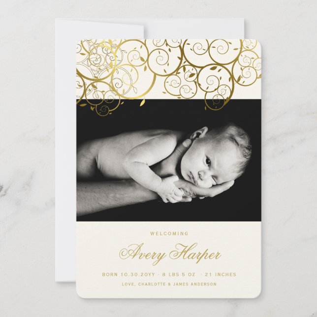 Golden Spirals New Baby Foto Geburtserklärung Ankündigung (Vorderseite)