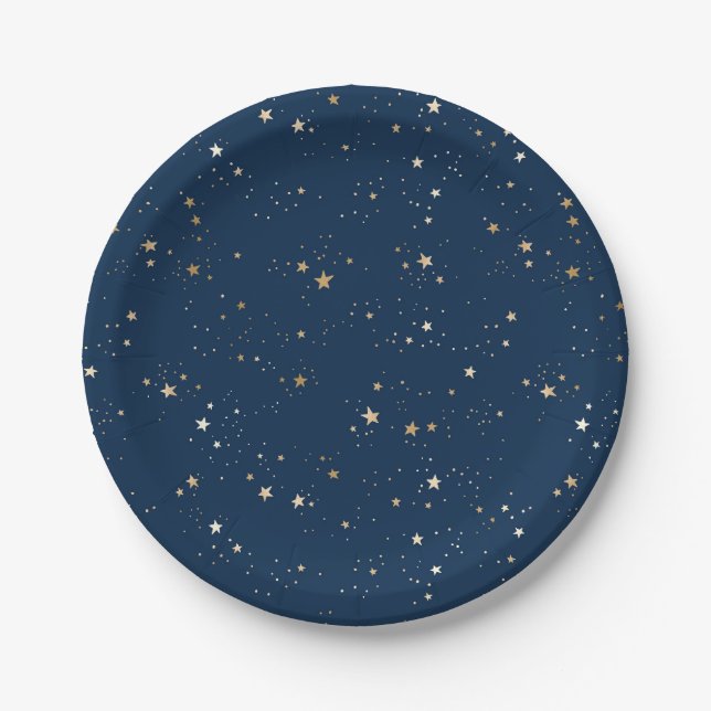 Golden Star auf Blauem Nachtmuster Pappteller (Vorderseite)