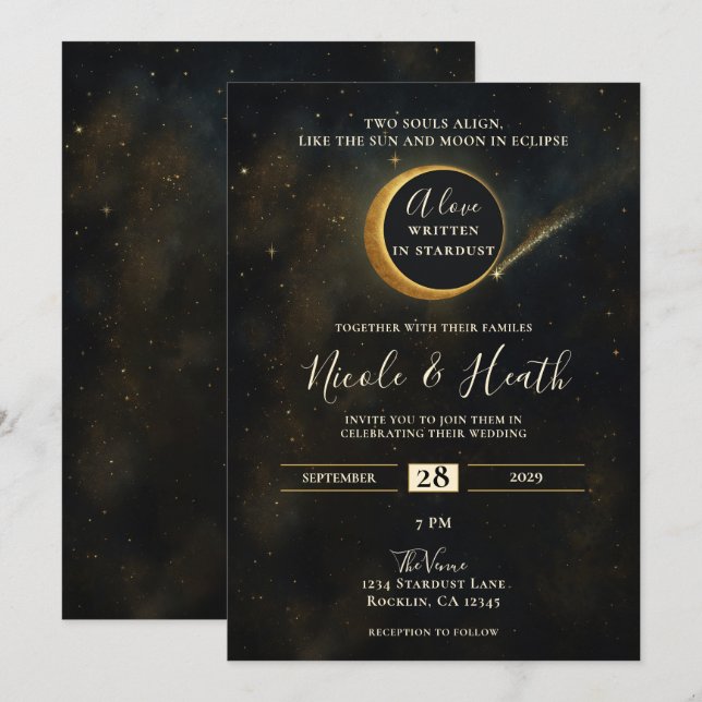 Golden Stardust Eclipse Celestial Wedding Einladung (Vorne/Hinten)