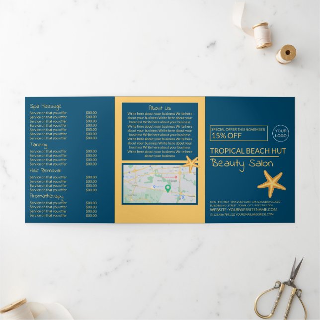 Golden Starfish, Beauty Salon Tri-Fold Flyer Dreifach Gefaltete Einladung (Außenbereich)