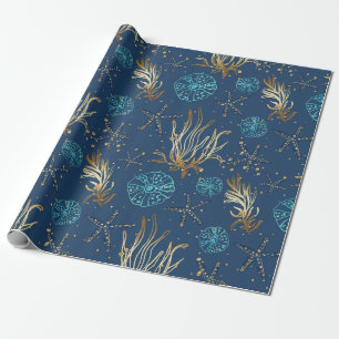 Golden Starfish & Coral Reef Muster auf Blue Geschenkpapier