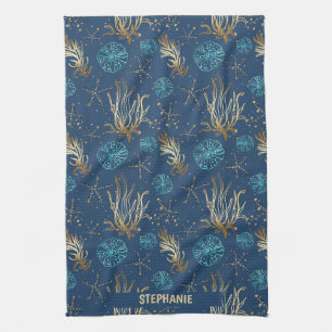Golden Starfish & Coral Reef Muster auf Blue Geschirrtuch