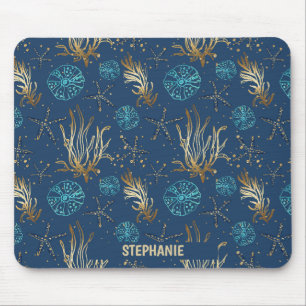 Golden Starfish & Coral Reef Muster auf Blue Mousepad