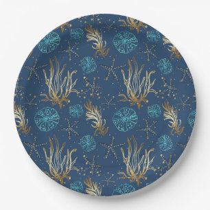 Golden Starfish & Coral Reef Muster auf Blue Pappteller