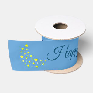 Golden Starry Moon on Picton Blue Custom Birthday Satinband