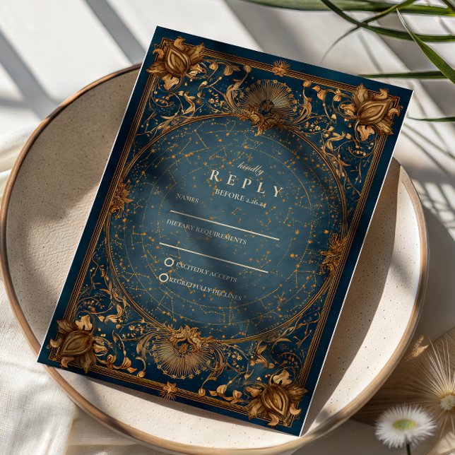 Golden Starry Night Wedding RSVP Karte (Von Creator hochgeladen)