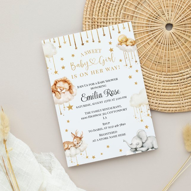 Golden Stars & Baby Animals Baby Girl Einladung (Von Creator hochgeladen)