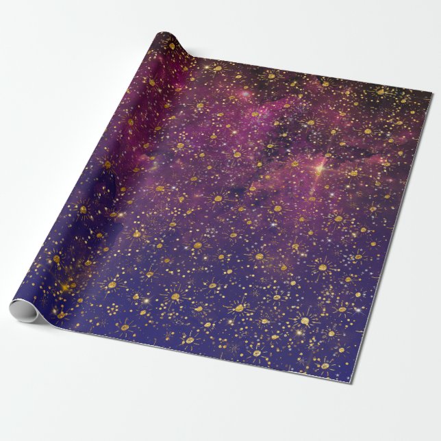 Golden Stars Confetti Celestial Firmament Pink Geschenkpapier (Ungerollt)