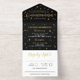 Golden Stars & Flamenco Kein Foto Quinceañera All-in-One-Einladung
