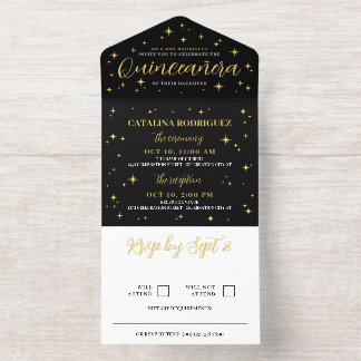 Golden Stars & Flamenco Kein Foto Quinceañera All-in-One-Einladung