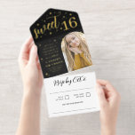 Golden Stars & Flares Arch Foto Süß 16 All-in-One-Einladung<br><div class="desc">Alles in einer Sweet 16-Einladung perfekt für ein sterniges Nachtthema mit schwarzem Hintergrund,  vergoldeten Folie-Schriftart und kleinen Goldfolien-Sternen und -Fackeln,  die einem Sternenhimmel in der Nacht ähnlich sind. Fügen Sie ein Foto des Geburtstags in Bogenform hinzu.</div>