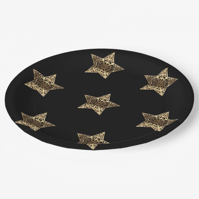Golden Stars Schwarz und Gold Festival Pappteller (Schrägansicht)