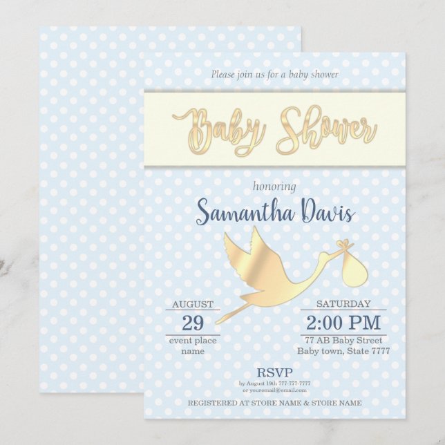 Golden Stork Baby Boy Babydusche Einladung (Vorne/Hinten)