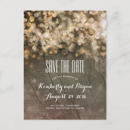 Golden String Lights Rustikales Holz Save the Date Ankündigungspostkarte