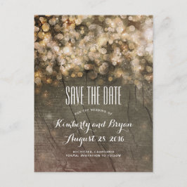 Golden String Lights Rustikales Holz Save the Date Ankündigungspostkarte