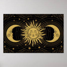 Golden Sun-Moon am Mitternachtsschwarzen Himmel Poster