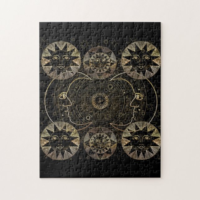 Golden Sun Moon Stars Celestial Astronomie Kunst (Vertikal)