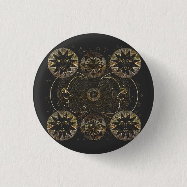 Golden Sun Moon Stars Celestial Astronomie Kunst Button (Vorderseite)