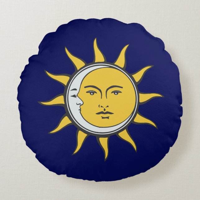 Golden Sun und Silver Moon auf Navy Blue Rundes Kissen (Vorderseite)