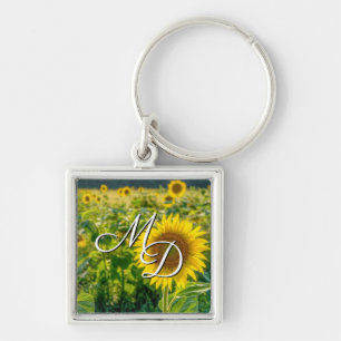 Golden Sunflower Field Monogram Square Schlüsselan Schlüsselanhänger