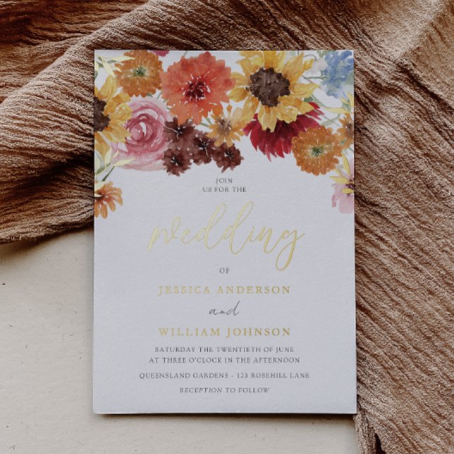 Golden Sunflowers Summer Floral Wedding Gold Folieneinladung (Von Creator hochgeladen)