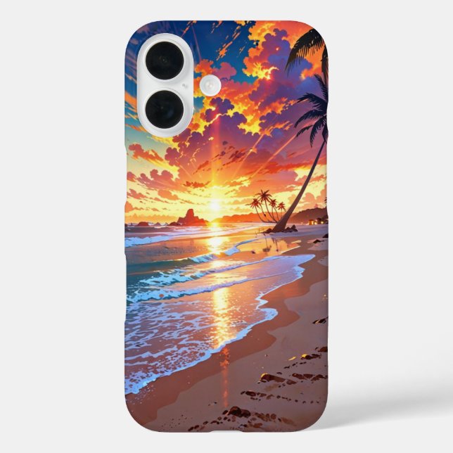 Golden Sunset Anime Beach iPhone 16 Hülle (Rückseite)