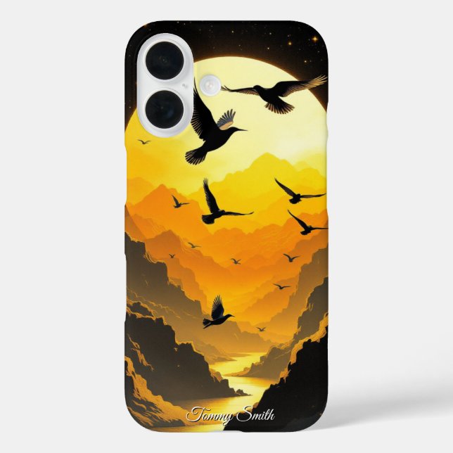 Golden Sunset Flight - Majestic Birds & Mountains iPhone 16 Hülle (Rückseite)