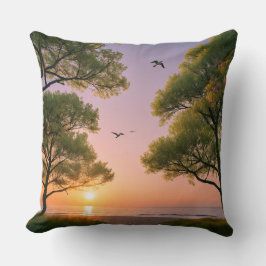 Golden Sunset Ocean Beach Landscape with Trees Kissen