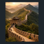 Golden Sunset on the Great Wall Poster<br><div class="desc">This artwork portrays the winding Great Wall of China stretching across green hills under a golden sunset. Watchtowers punctuate the stone pathway as it follows the mountain ridges,  evoking centuries of history and human endeavor. It celebrates the grandeur of ancient engineering and the harmony between architecture and landscape.</div>