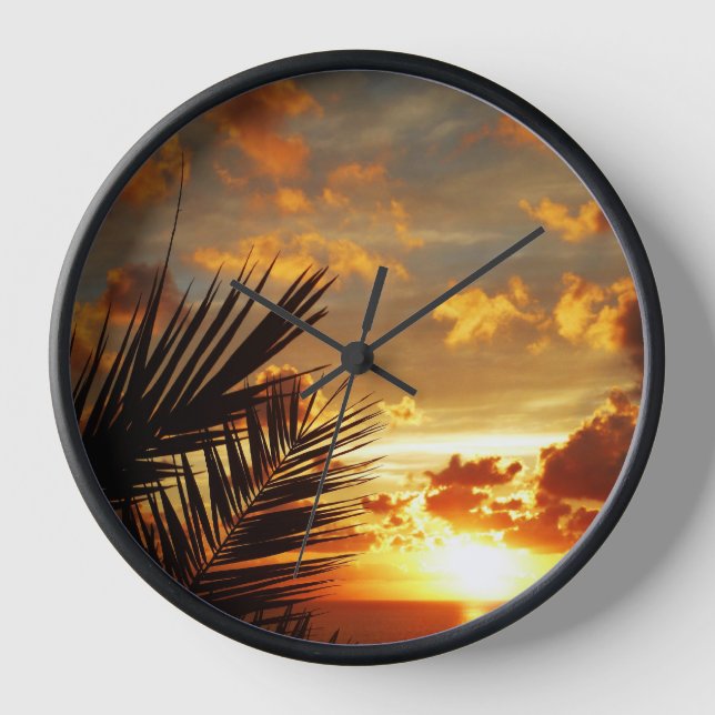 Golden Sunset Sea und Palmtree Postkarte Uhr (Vorderseite)